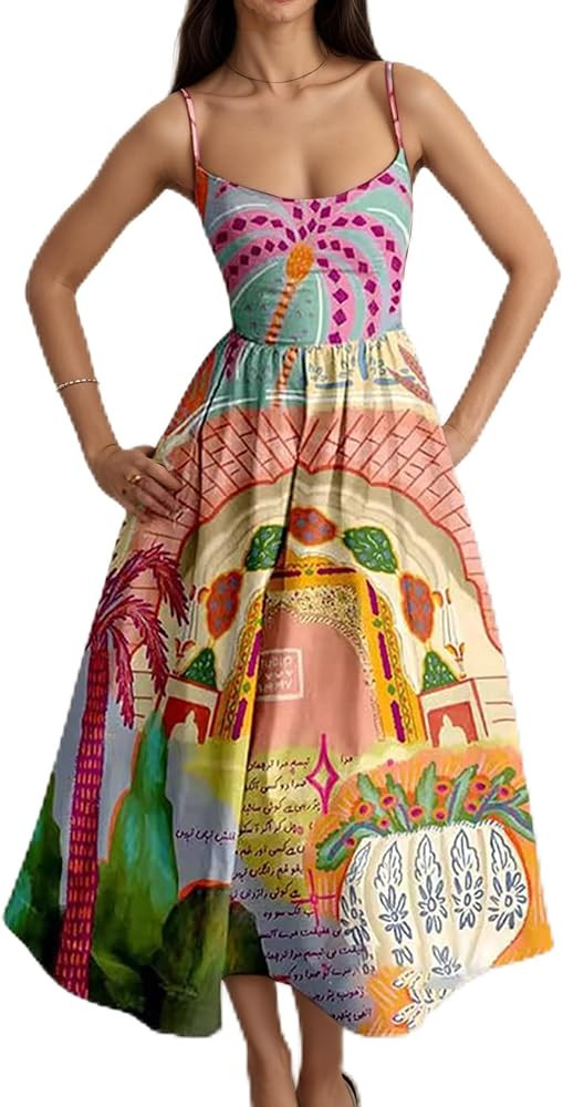 Women's Boho Print Sexy Spaghetti Strap Swing Maxi Dress Sleeveless Beach Sundress Back Smocked F... | Amazon (US)