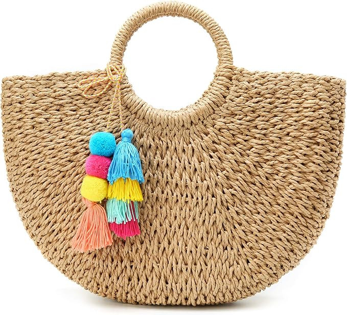 Epsion Womens Large Straw Beach Tote Bag Hobo Summer Handwoven Bags Purse wth Pom Poms | Amazon (US)