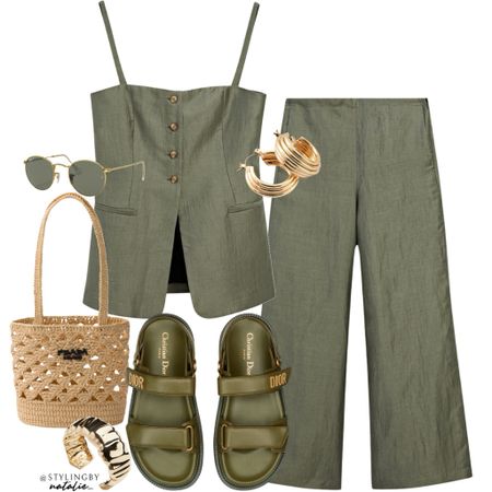 Green linen co-ord, Dior sandals, raffia shopper bag & gold jewellery.
Holiday outfit, spring summer outfit, khaki outfit, casual chic style.

#LTKstyletip #LTKSeasonal #LTKshoecrush