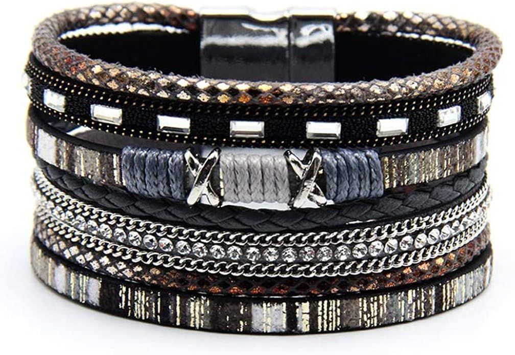 EunWow Leather Multilayer Bracelet Ladies Bracelet Women Magnetic Closure | Amazon (US)