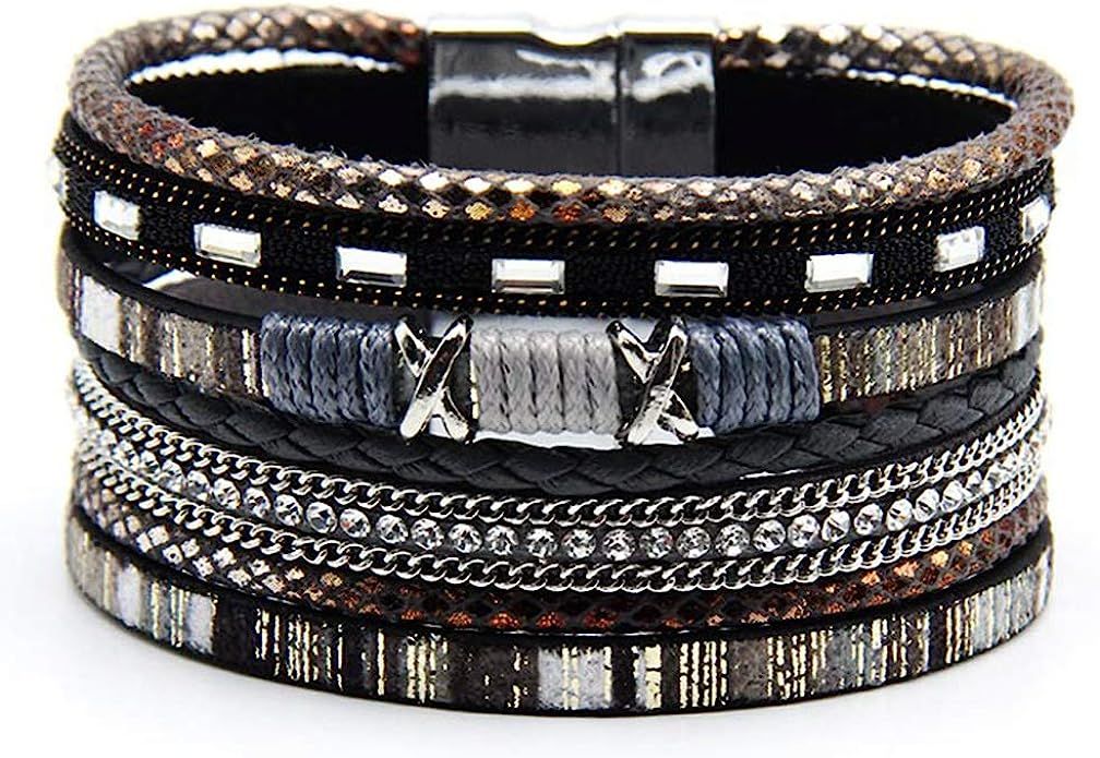 EunWow Leather Multilayer Bracelet Ladies Bracelet Women Magnetic Closure | Amazon (US)