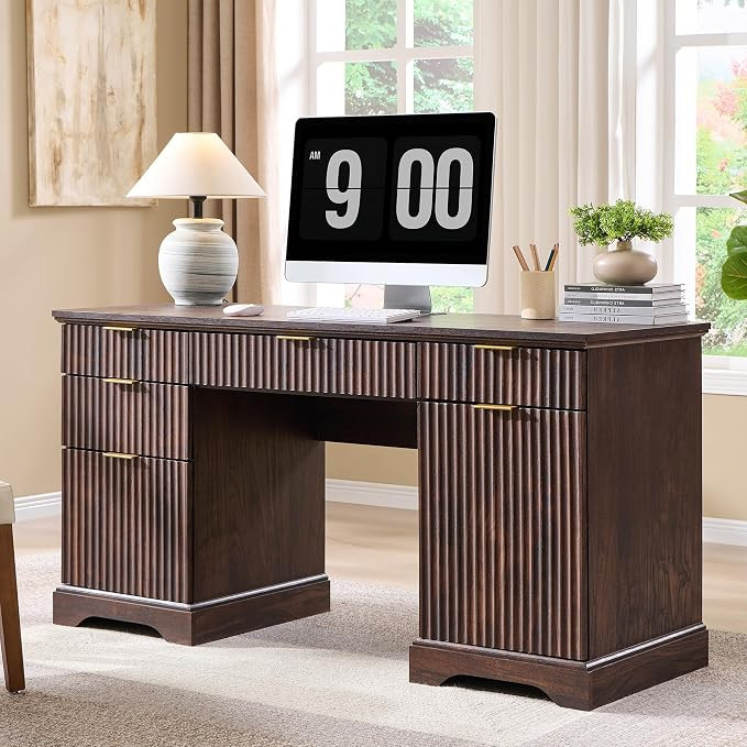 58" Modern Wood Executive Desk with 5 Drawers & 1 Cabinet, Built‑in Outlet | Amazon (US)