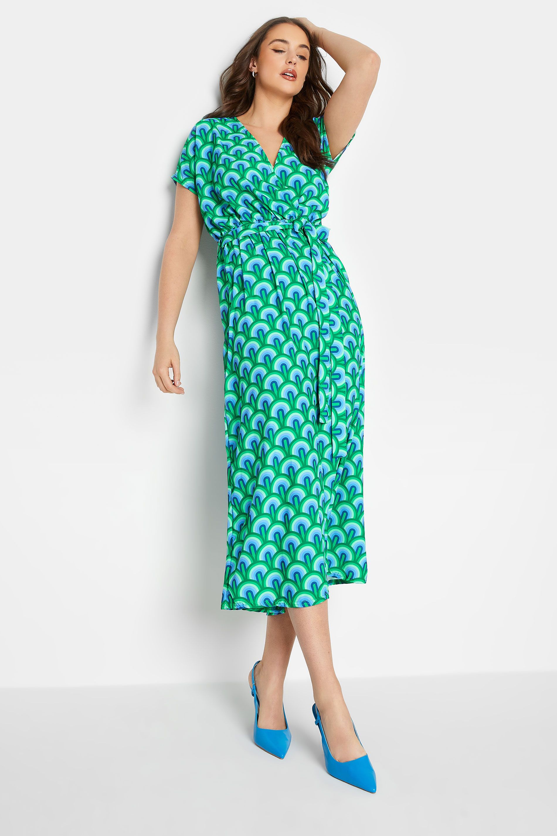 LTS Tall Green Geometric Print Midi Wrap Dress | Long Tall Sally