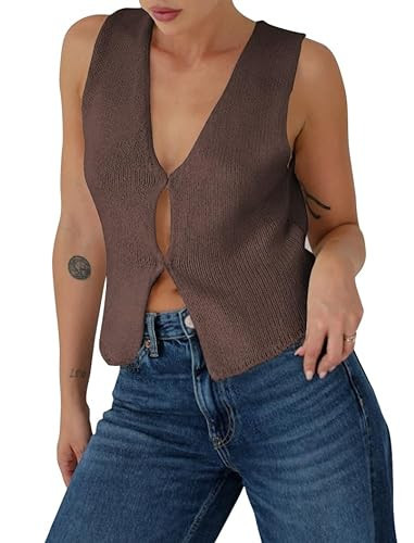 BZB Womens Vests Fashion Casual Sweater Tank Tops Summer V-Neck Knit Vest Button Down Y2k Cute Vest Basic Sleeveless Tunic Brown | Amazon (US)