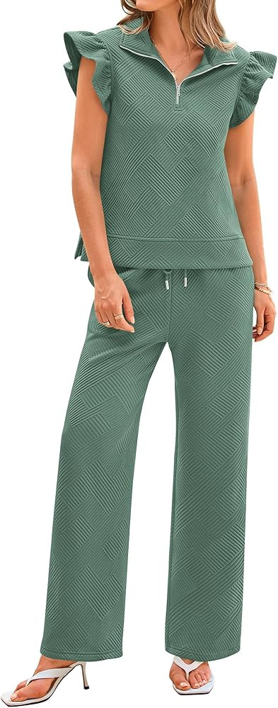 BTFBM Women Summer 2 Piece Sets Airport Outfits Ruffle Cap Sleeve Quarter Zip Top Wide Leg Pants ... | Amazon (US)