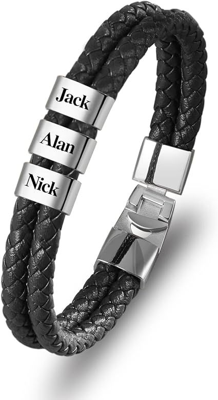 Dreamdecor Personalized Mens Leather Bracelet with Custom Beads - Engraved Names Jewelry, Customi... | Amazon (US)