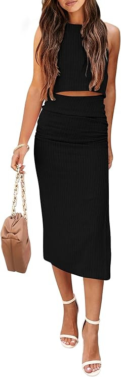 PRETTYGARDEN Women's 2 Piece Summer Outfits Crewneck Tank Tops Split Bodycon Midi Skirt Set | Amazon (US)