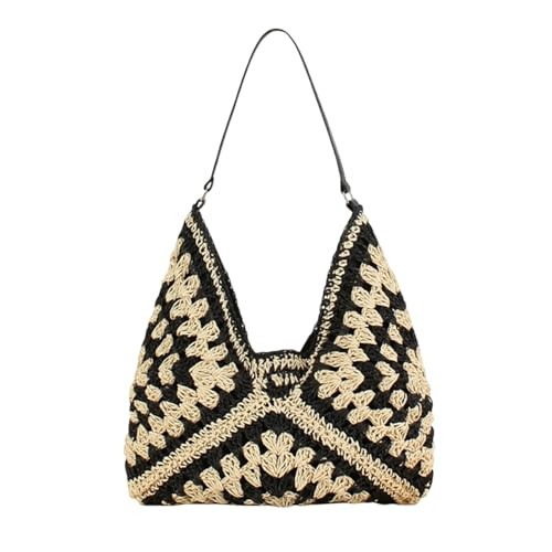 Straw Beach Bag for Women, Summer Crochet Shoulder Bag, Vintage Boho Woven Handbag, Black | Amazon (US)