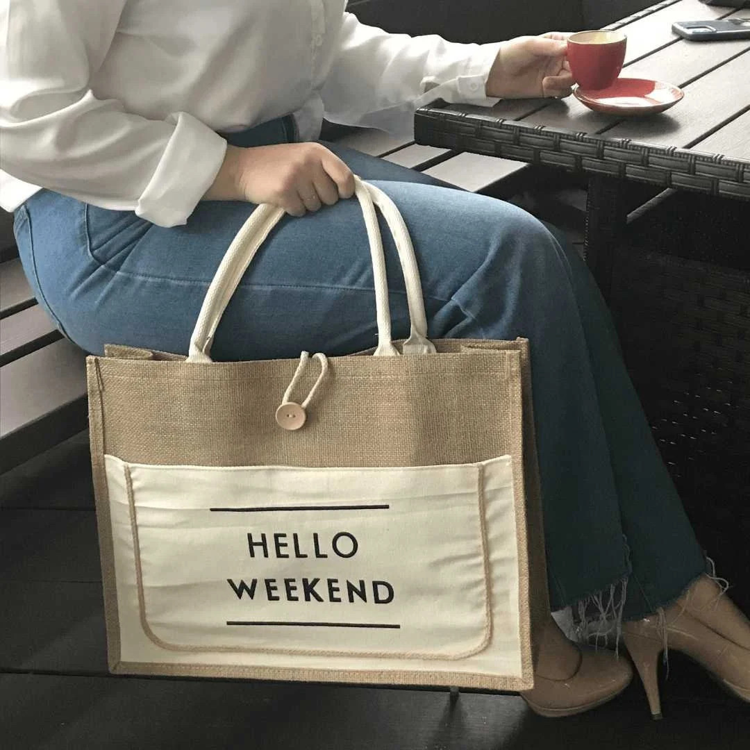 Graphic TOTE, Jute Bag, Everyday Tote, WEEKEND Bag, HELLO Weekend Print Black And Ivory Jute Poly... | Etsy (US)