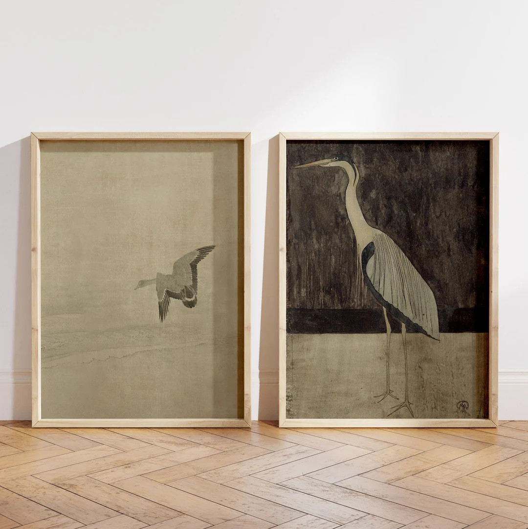 Great Blue Heron, Set of 2 Prints, Vintage Birds Prints, Vintage Blue Heron Painting, Muted Neutr... | Etsy (US)