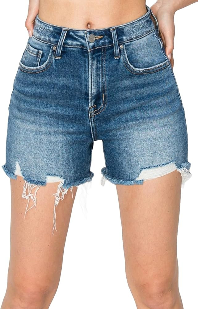 Risen Women's High Rise Raw Hem Distressed Denim Shorts | Amazon (US)