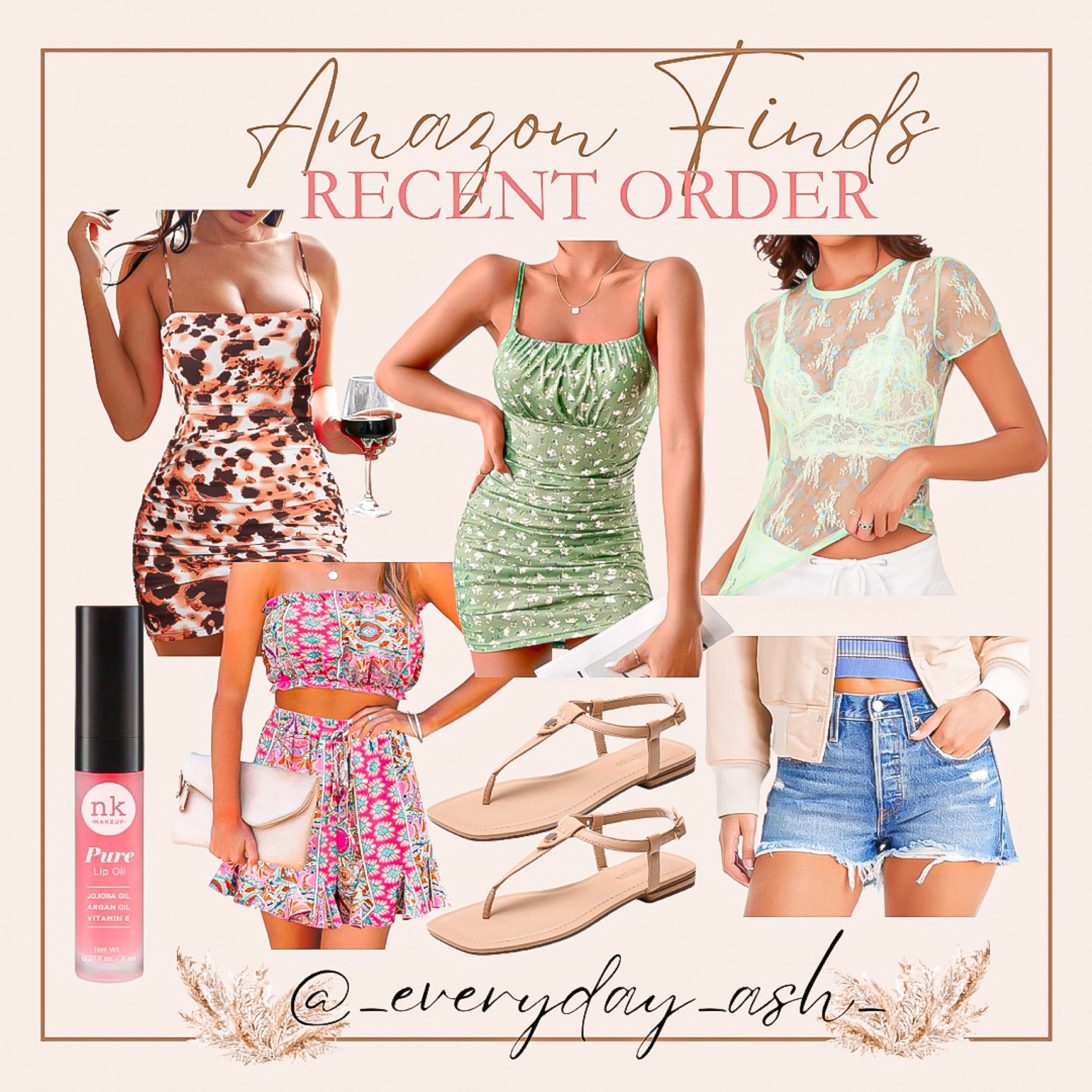 Recent Amazon orders 

Leopard dress, mini dress, brown dress, green dress, sheer top, lip gloss , pink two piece set, nude sandals, denim shorts 

#LTKStyleTip #LTKSaleAlert #LTKFindsUnder50