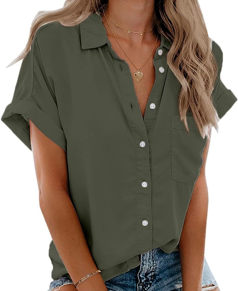 Beautife Womens Short Sleeve Shirts V Neck Collared Button Down Shirt Tops with Pockets | Amazon (US)