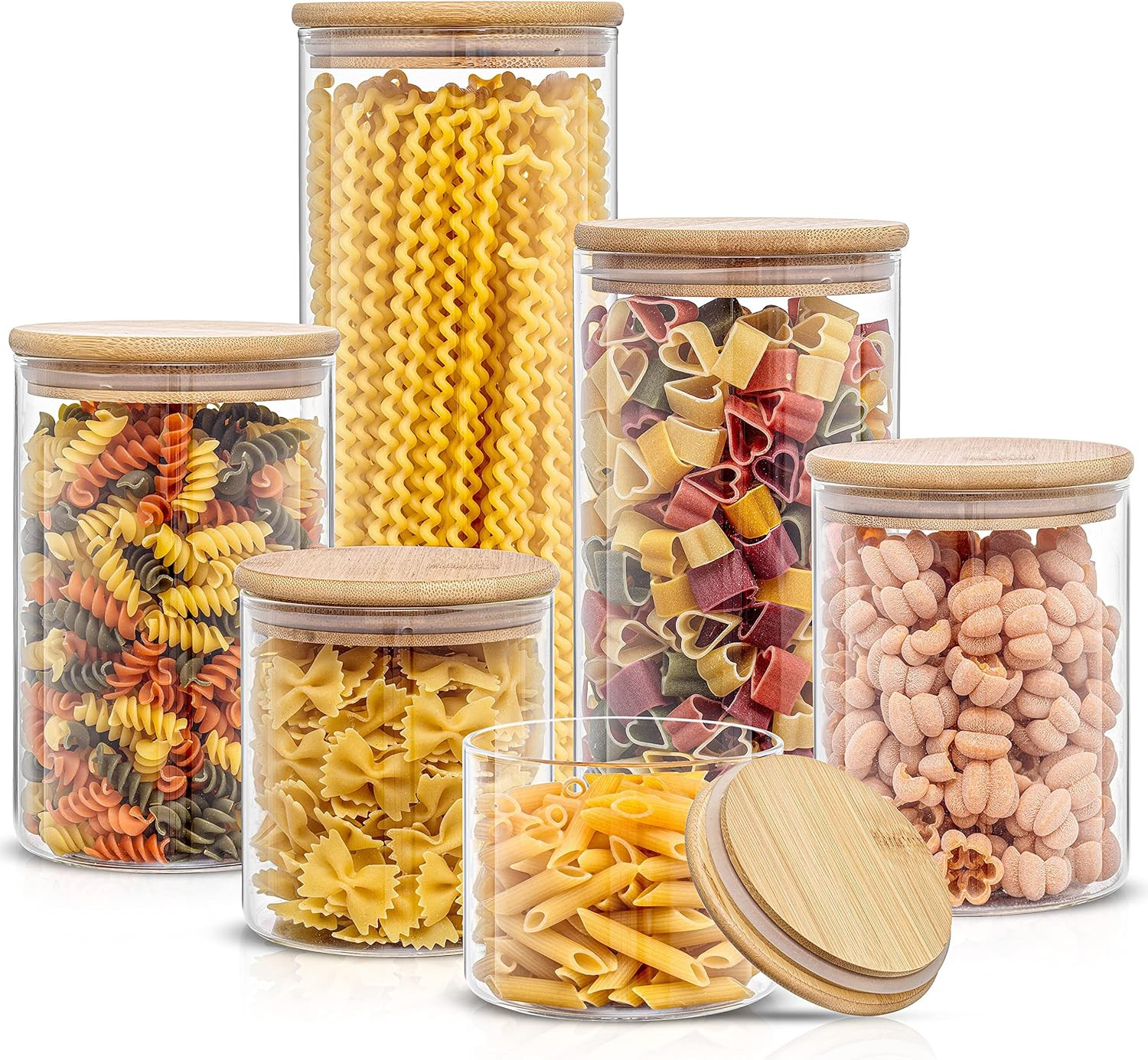 JoyJolt Borosilicate Glass Jars With Bamboo Lids. 6 Pc Set of Air Tight Sealable Containers. Food Jar Canisters with Airtight Lid for Pantry Storage and Kitchen Organization. | Amazon (US)