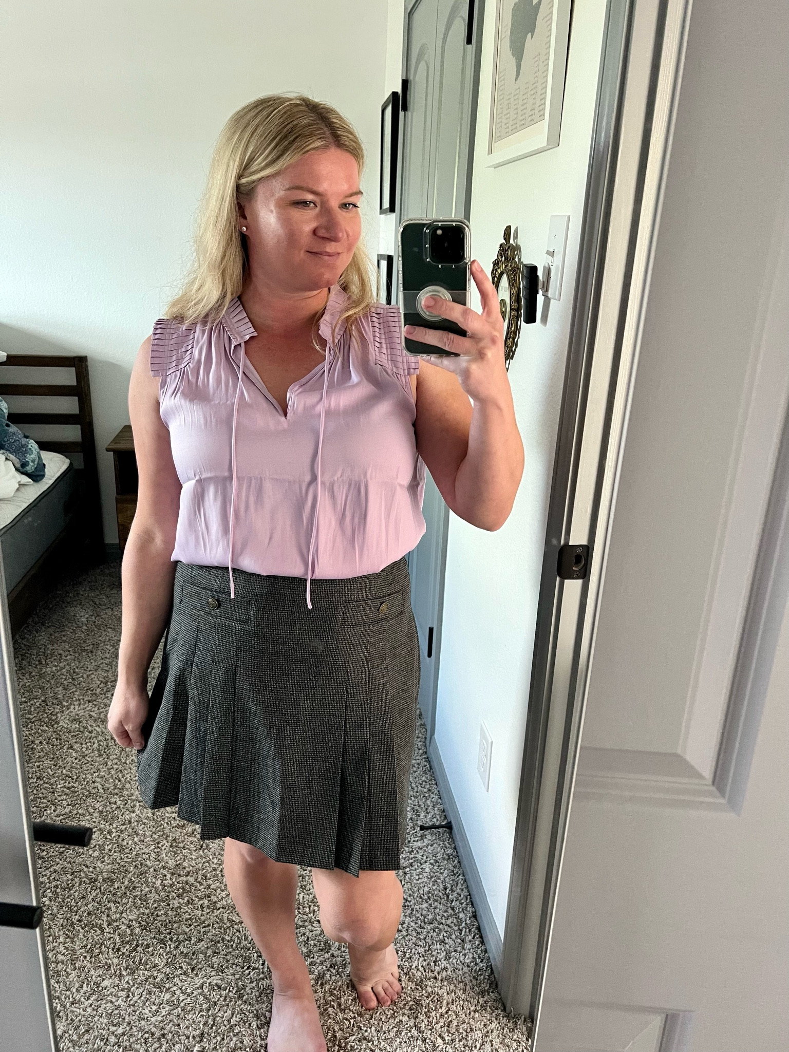 LOFT pleated tie neck lilac blouse and houndstooth skirt

#LTKmidsize #LTKfindsunder50 #LTKstyletip