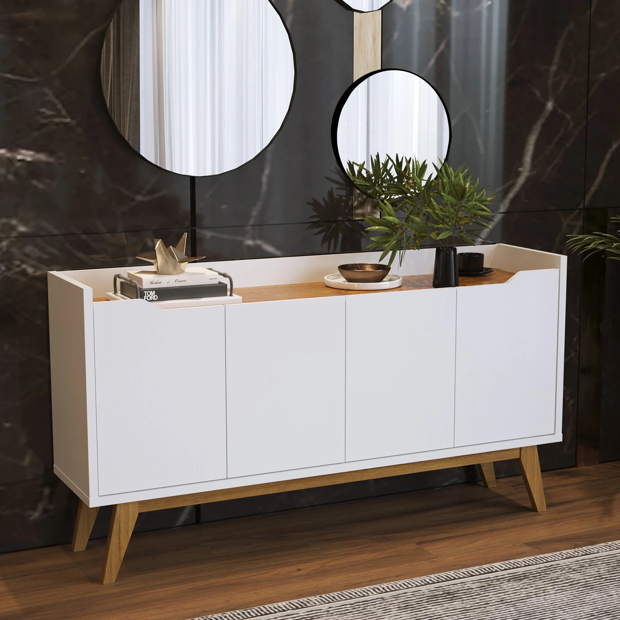 Boahaus Joux Sideboard 33.60” H x 60.90” W, Contemporary  White Finish, 4 Doors | Walmart (US)
