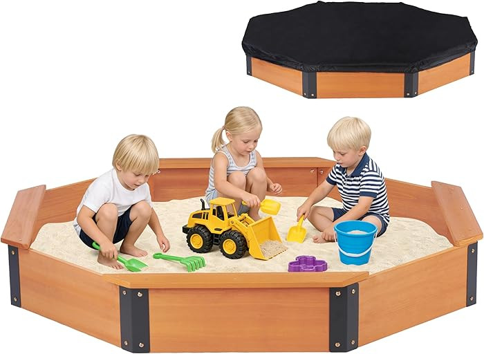 64''x56''x8.5'' Octagon Sandbox with Cover for Kids Outdoor Play, Wood Large Sandpit with 4 Bench... | Amazon (US)