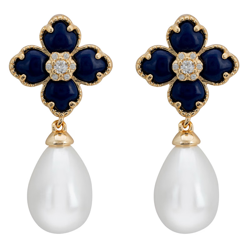 Flower Clover Pearl Drop Earrings Lapis Lazuli Gold | Wolf & Badger