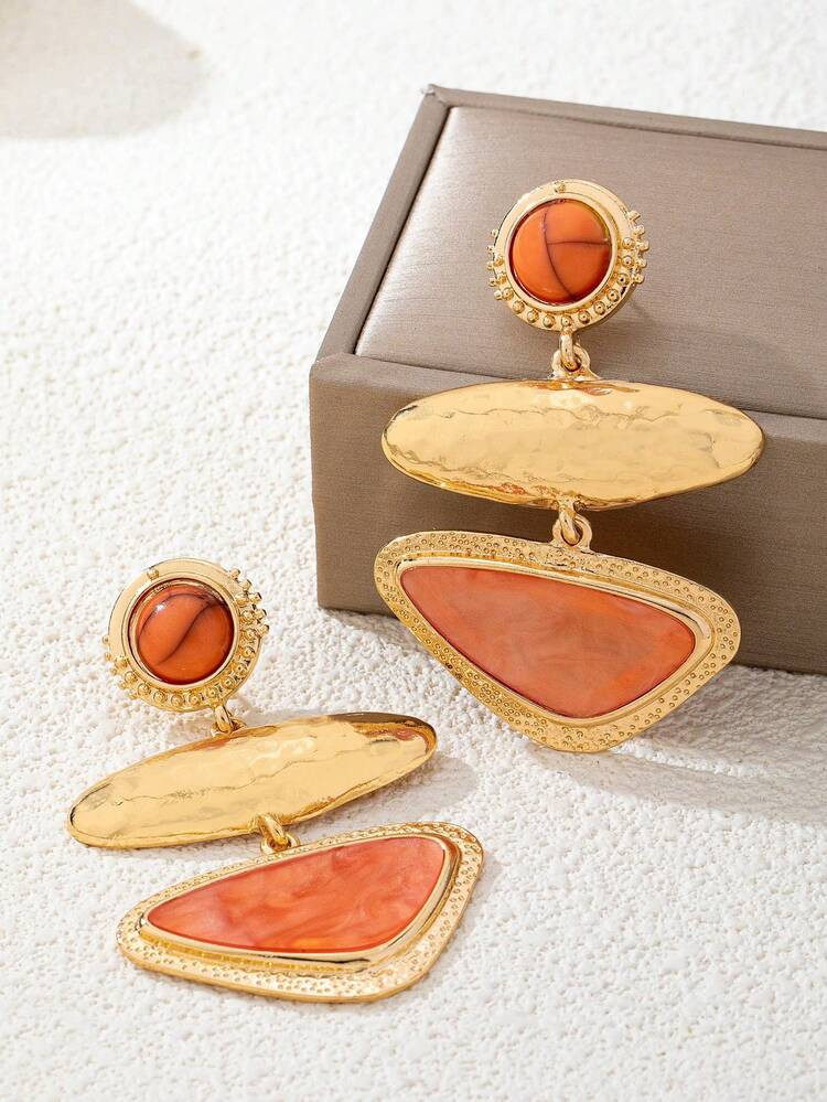 2pcs Vintage Exaggerated Fashion Elegant Drip Oil Geometric Asymmetrical Patchwork Earrings, Suit... | SHEIN
