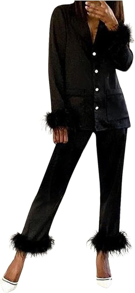 Damen-Pyjama-Set aus Seide, mit Federn, hoher weicher Seidenmantel, leicht, Nachtwäsche für Bra... | Amazon (DE)