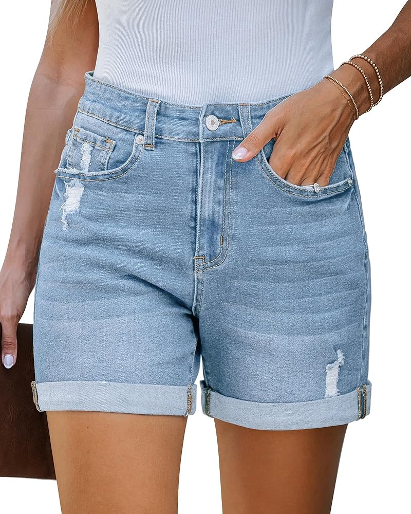 LookbookStore Jean Shorts Womens Stretchy High Waisted Ripped Denim Shorts with Pockets Trendy Di... | Amazon (US)