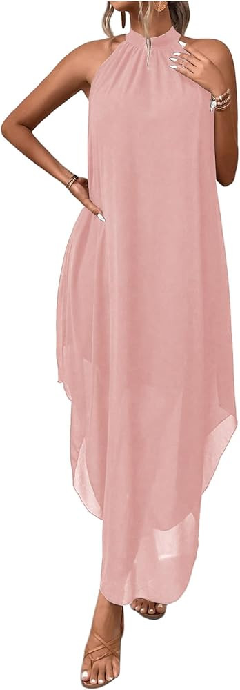 Women's Wedding Guest Dress Halter Flowy Chiffon Asymmetrical Long Summer Prom Dress | Amazon (US)