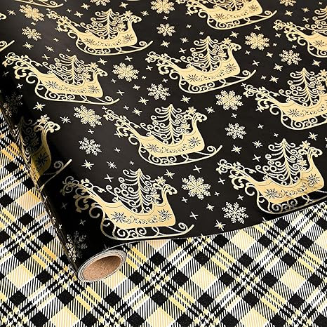 Dlyrroba Reversible Vintage Christmas Wrapping Paper (Black Gold Sleigh, 17 In X 16.5 Feet) | Amazon (US)