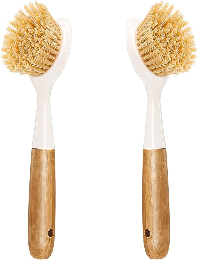 2 Pack Kitchen Dish Brush Bamboo Handle Dish Scrubber Built-in Scraper, Scrub Brush for Pans, Pot... | Amazon (US)