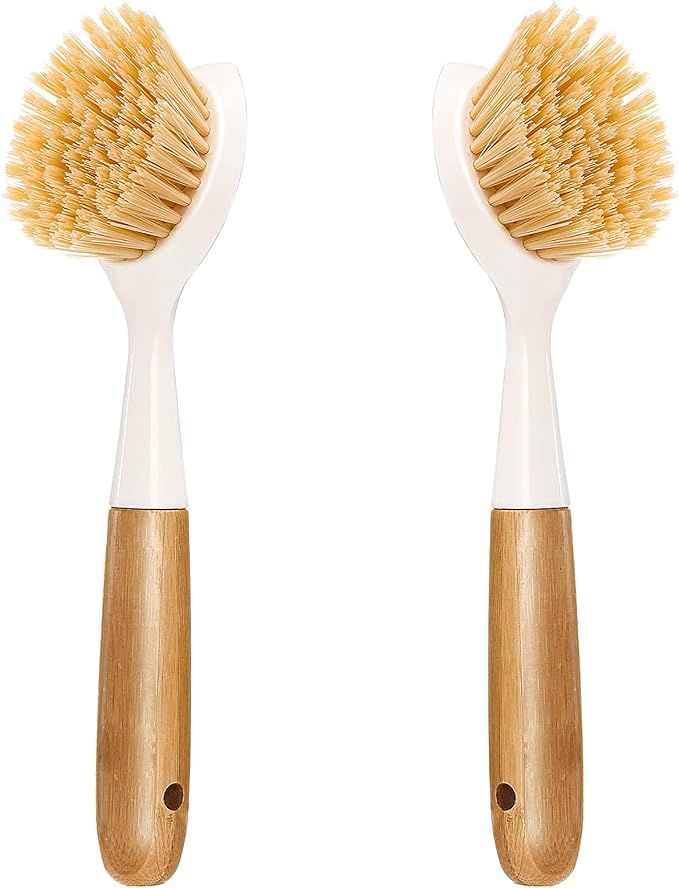 2 Pack Kitchen Dish Brush Bamboo Handle Dish Scrubber Built-in Scraper, Scrub Brush for Pans, Pot... | Amazon (US)