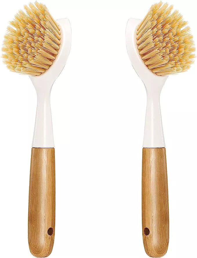 MR.SIGA Dish Brush with Long Bamboo Handle Built-in Scraper, Scrub Brush  for Pans, Pots, Kitchen Sink Cleaning, Pack of 2