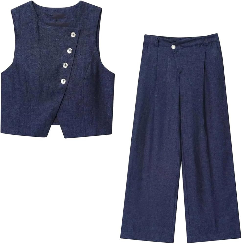 Pants Set Two Piece Sleeveless Suit Vest Diagonal Buckle Waistcoat Office Ladies Asymmetric High ... | Amazon (US)