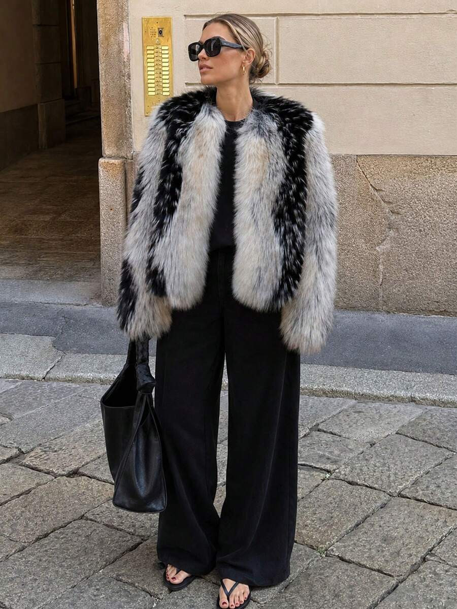 Women's Faux Fur Jacket, Round Neck Long Sleeve With Pockets Single-Breasted Coat, Fashionable Elegant Street Style Women's New Jacket | SHEIN