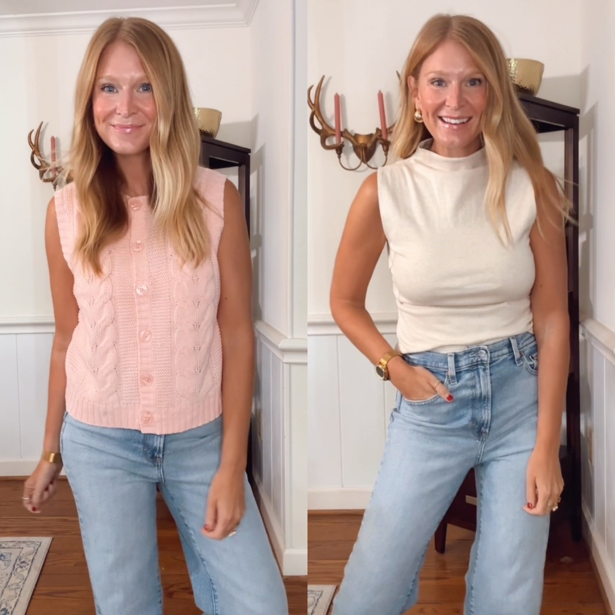 30% off tops at target! And the most flattering jeans ever! In an 8 in the jeans. 
Size M in the tops.