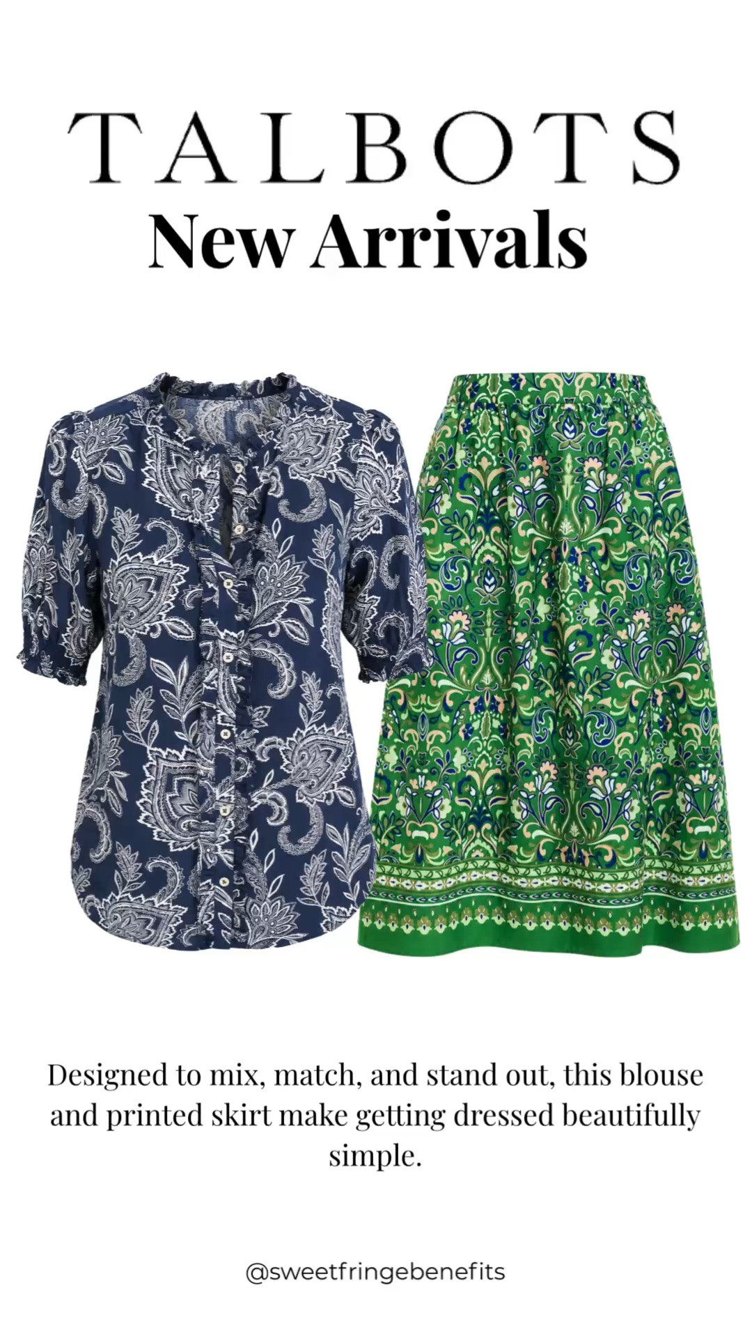 Talbots’ new arrivals make mixing and matching prints feel easy and polished. This navy paisley blouse and vibrant green printed skirt can be styled together for a statement look or worn separately with wardrobe basics for plenty of versatility.

💡 LTK MADE EASY
❤️ Heart = Support my posts!
🔖 Save = Get sale & restock alerts
📋 Lists = Keep favorites organized
📲 Share = Send lists and products to a friend. Hello, Christmas List!
💬 Comment = Ask me anything about what I'm wearing.:-)

#LTKootd #LTKOver40 #LTKSeasonal