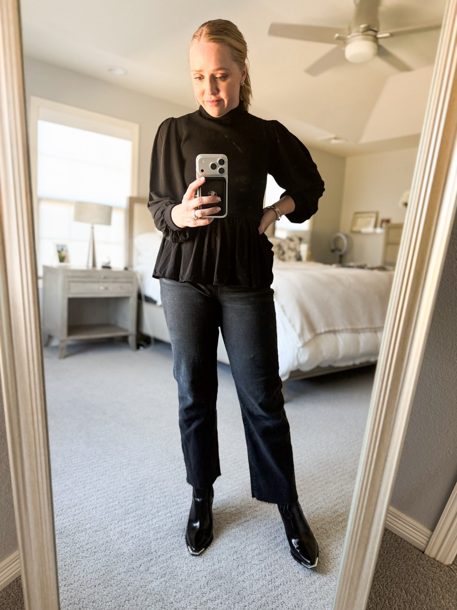 Peplum top is fun and fits tts! I love this style and it also comes in burgundy. Top is 30% off and the black jeans are 40% off. Jeans  fit tts. 

Fall outfits, peplum top, turtleneck, straight jeans, raw hem jeans, petite 

#LTKFindsUnder100 #LTKSaleAlert #LTKPetite