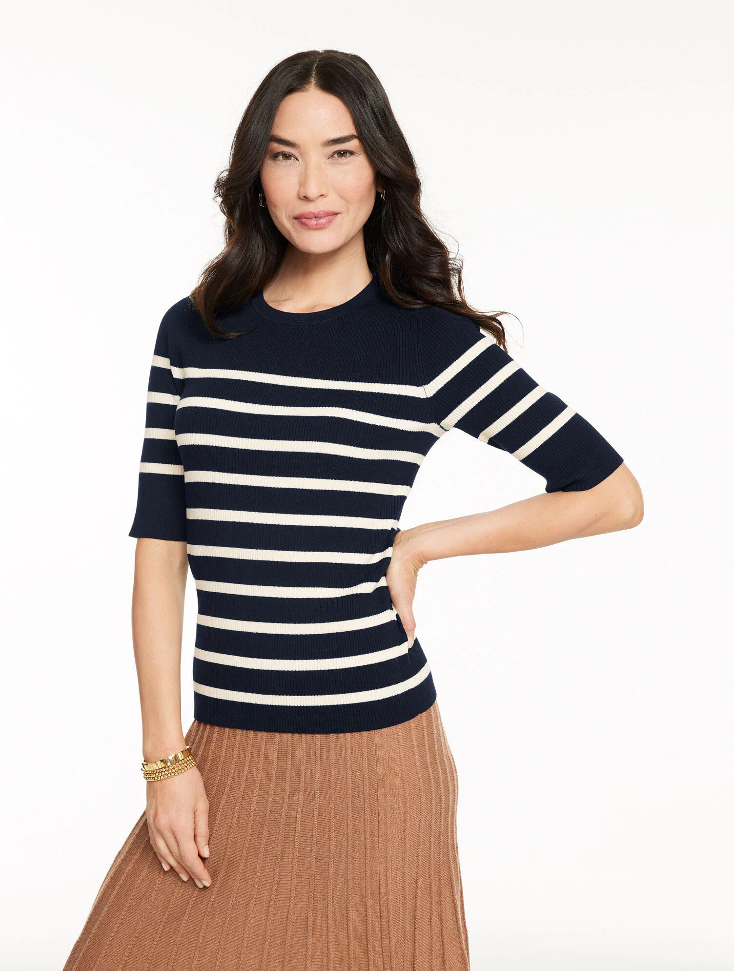 Elbow Sleeve Ribbed Crewneck Sweater - Stripe | Talbots