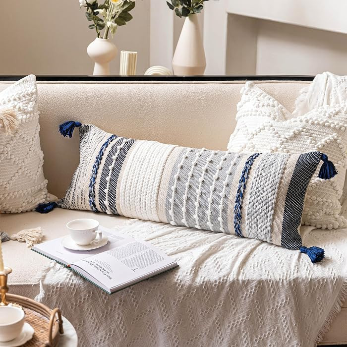 Navy Dark Blue Boho Decorative Lumbar Pillow Cover 14x36, Long Body Pillow for Bed, Accent Lumbar... | Amazon (US)