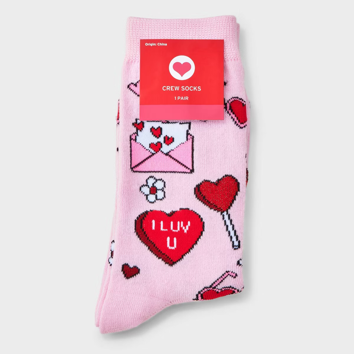 Women's Valentine's Day Icons Crew Socks - Light Pink/Red 4-10 | Target