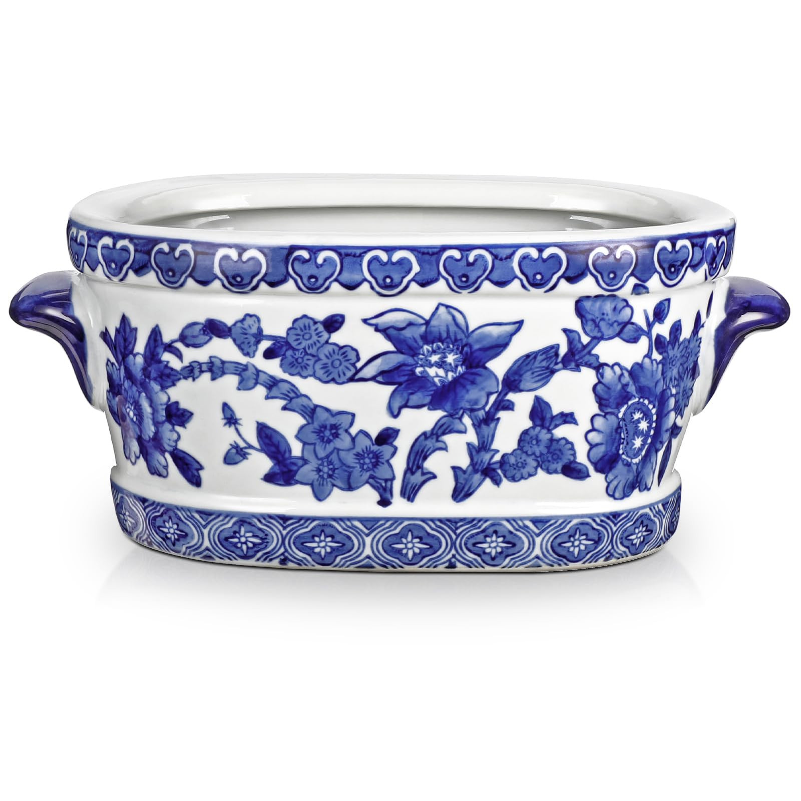 Blue and White Ceramic Planter Pot – Vintage Floral Oval Cachepot Vase for Indoor Plants, Flowe... | Amazon (US)