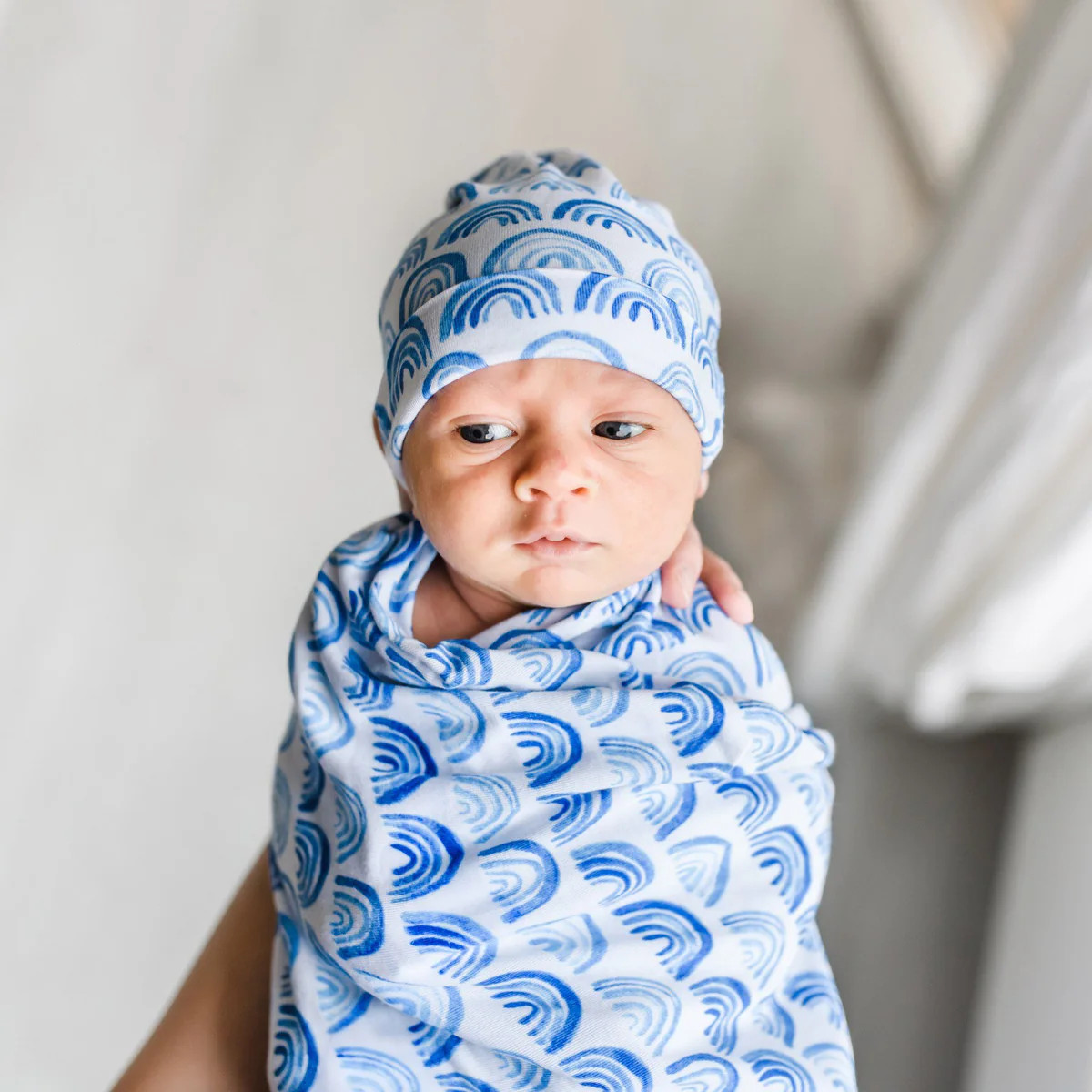 Blue Rainbows Swaddle & Hat Set | Little Sleepies