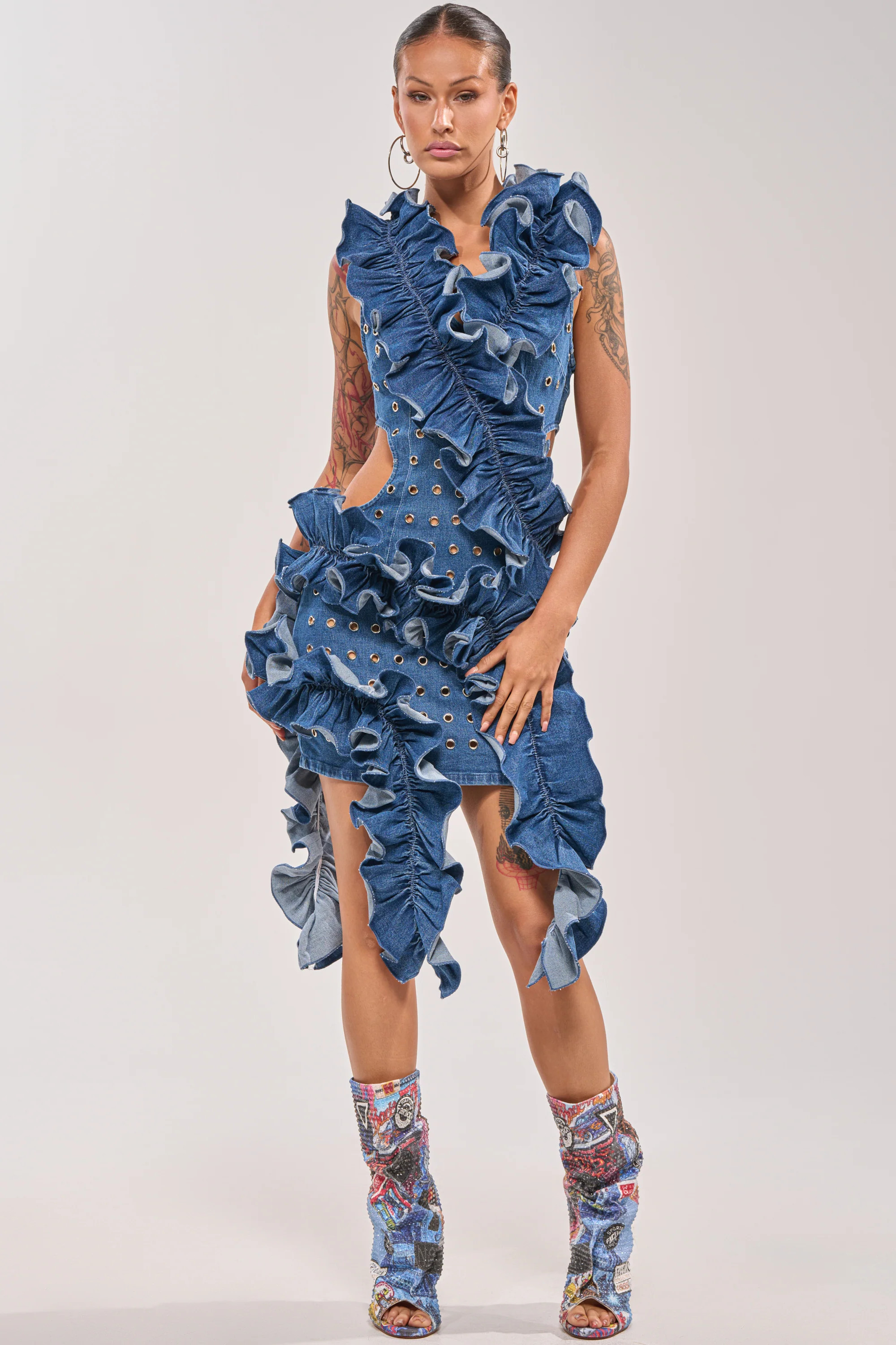 AKIRA Lingering Eyes Flocked Denim Mini Dress | Size Small | AKIRA