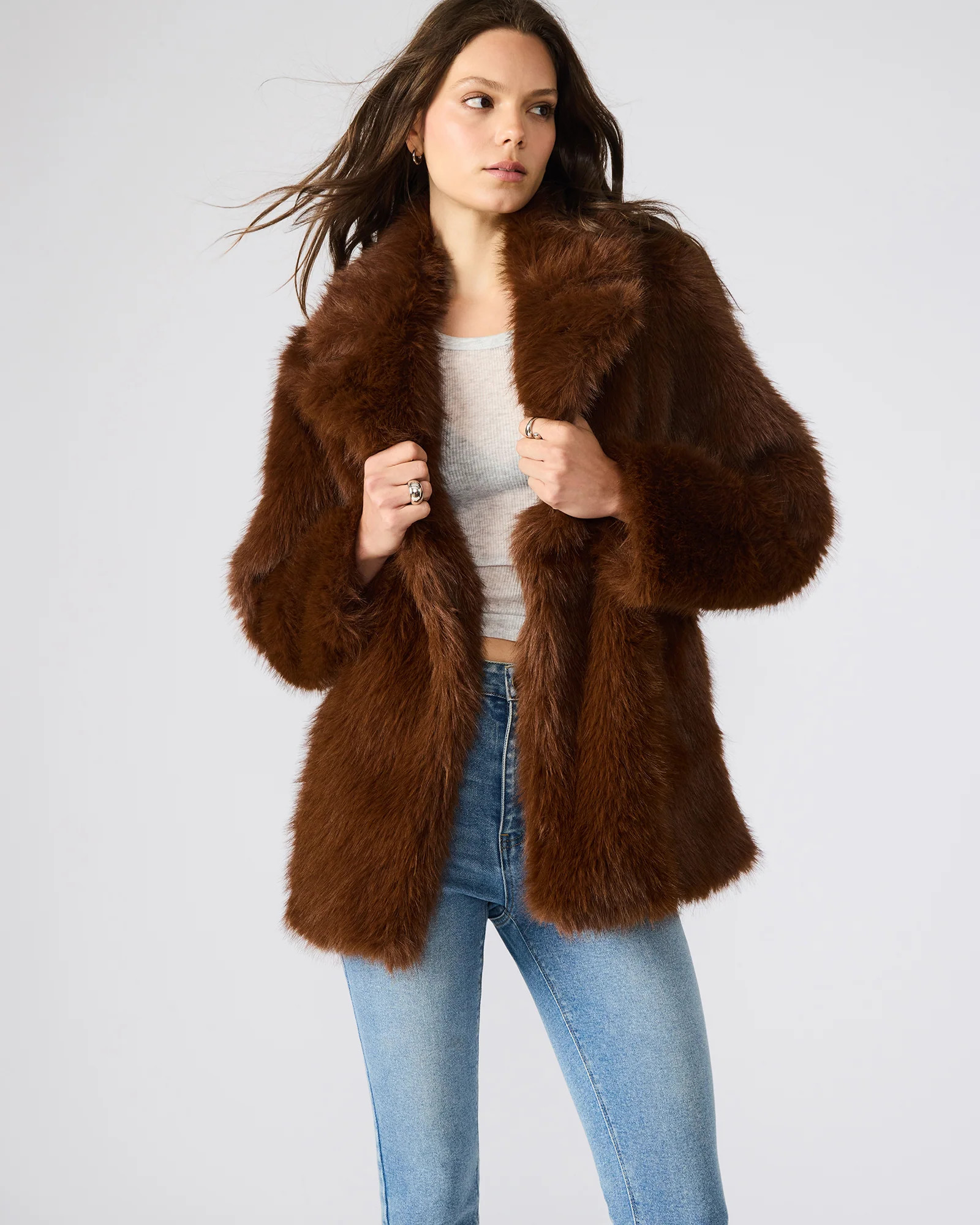 KINDRA Brown Faux Fur Collared Women's Coat | Steve Madden (US)