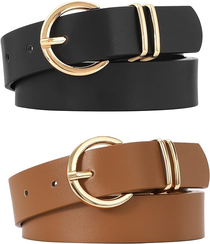 2 Pack Women's Leather Belts for Jeans Dresses Fashion Gold Buckle Ladies Belt | Amazon (US)