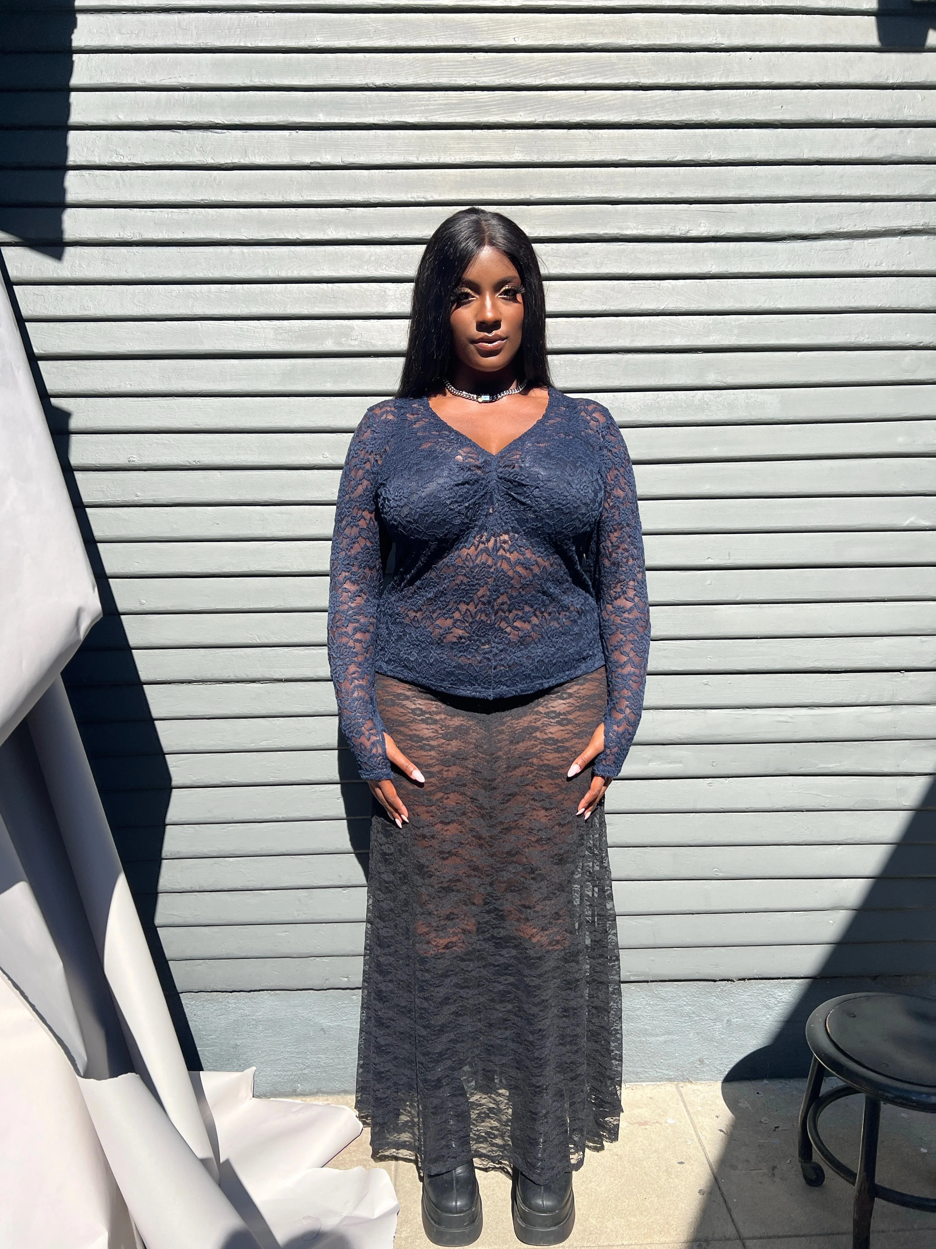 Stretch Lace V-Neck Top & Skirt Set- Navy | BAACAL Limited, LLC