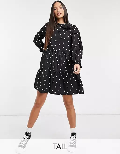 New Look Tall poplin ruffle collar mini dress in black dot | ASOS (Global)