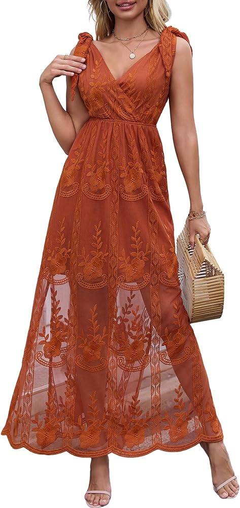 Women's V Neck Tie Strap Embroidered Lace Maxi Wedding Dress Boho Sleeveless V-Back Wedding Guest... | Amazon (US)