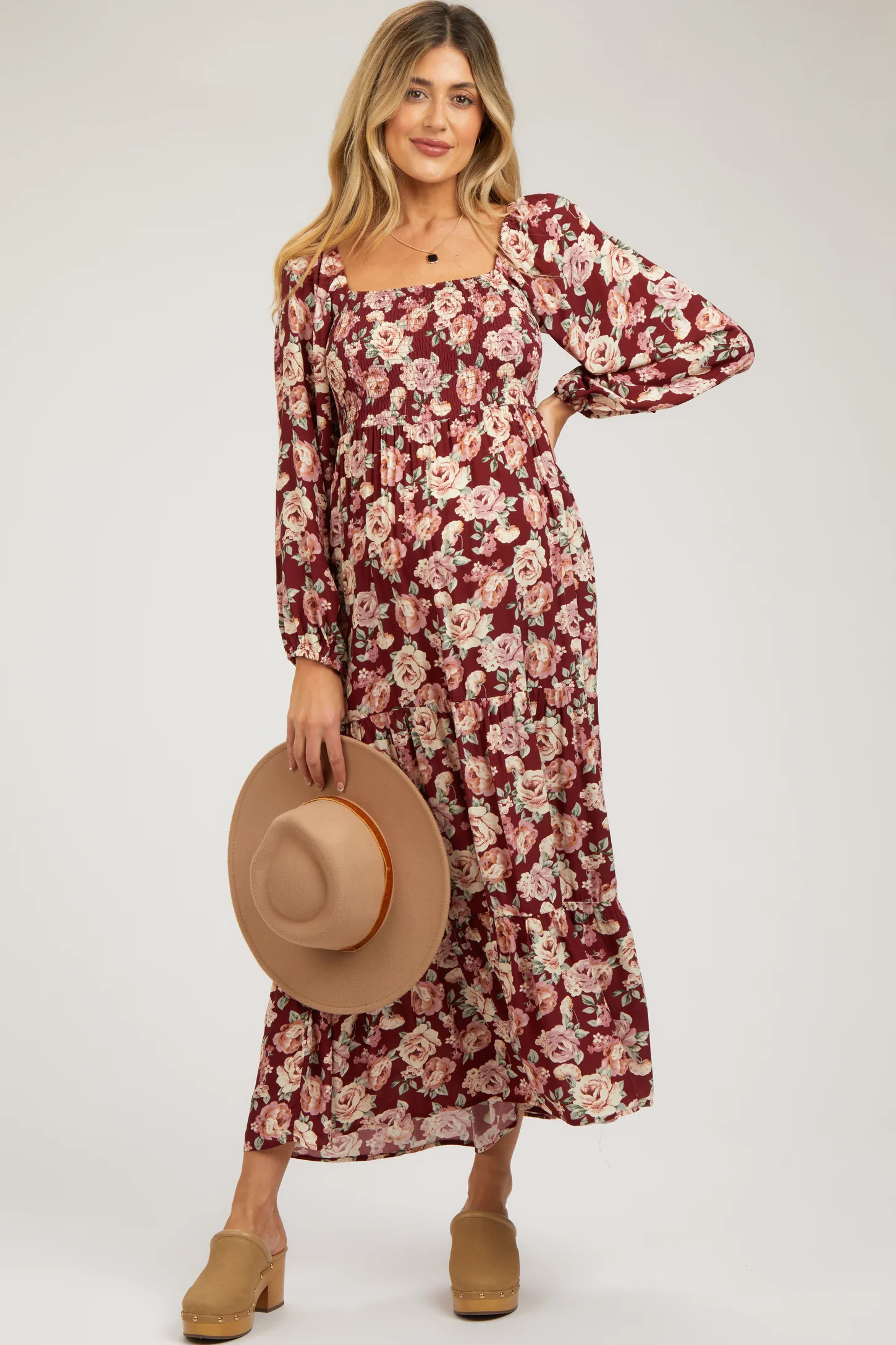 Burgundy Floral Long Sleeve Maternity Maxi Dress | PinkBlush Maternity