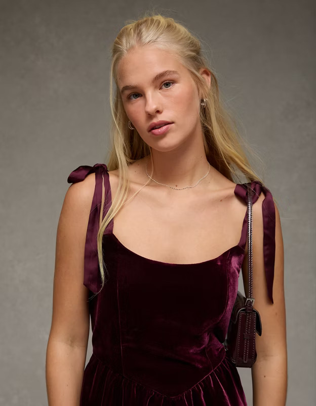 AE Tie-Strap Velvet Mini Dress | American Eagle Outfitters (US & CA)