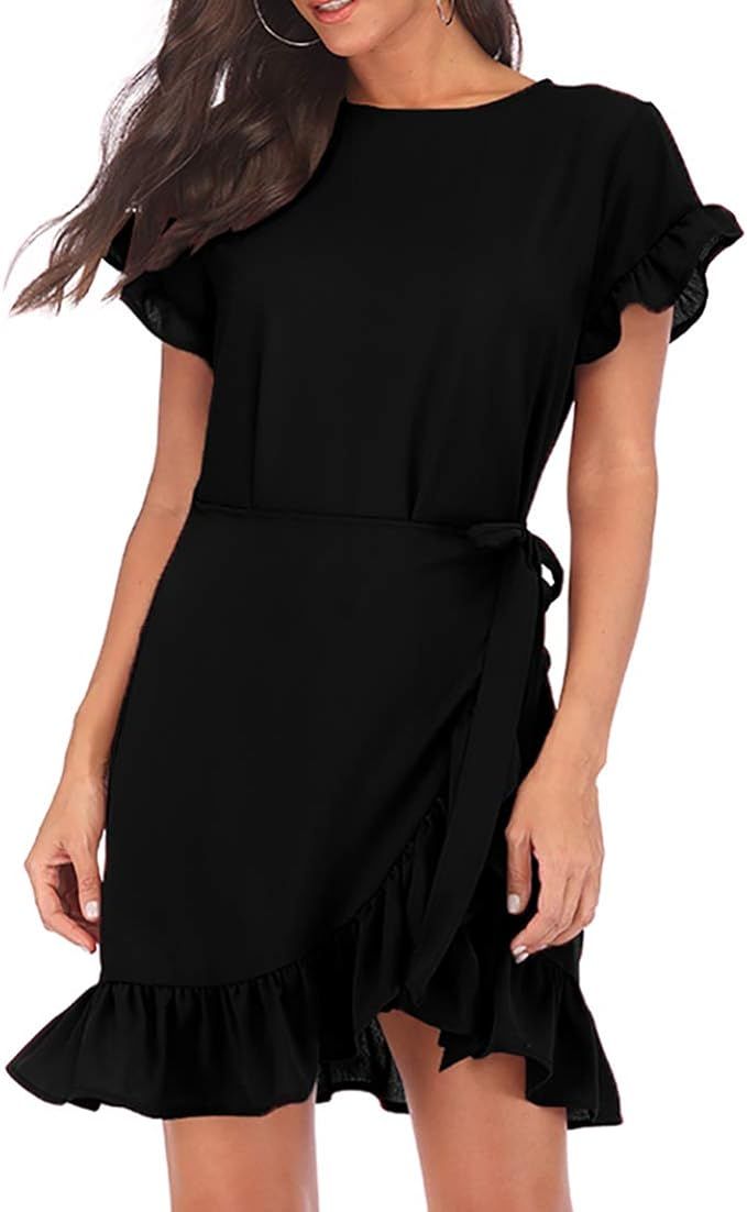 WEEPINLEE Womens Long Sleeve Round Neck Ruffles Wrap Dresses Party Dress | Amazon (US)