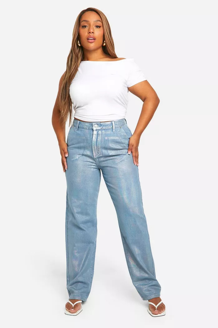 Plus Iridescent Metallic Coated Straight Leg Jeans | boohoo (US & Canada)